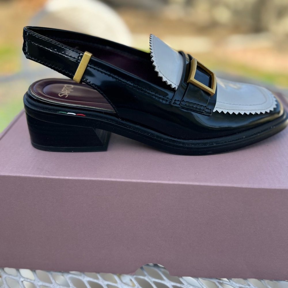 SARTO By Franco Sarto Black and White Loafers with Gold Buckle